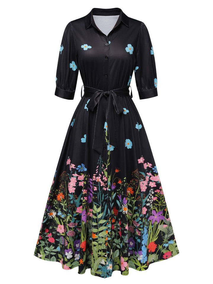 1940s Floral Shirt Neck Belt Dress | vintage dress, fashion, elegant style - perfect for fashion enthusiasts