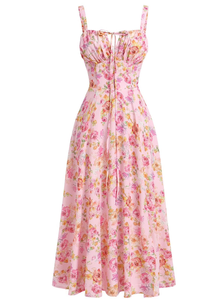 1940s Floral Spaghetti Strap Tie-Front Chiffon A-Line Dress - vintage dress, retro fashion, floral print for vintage lovers