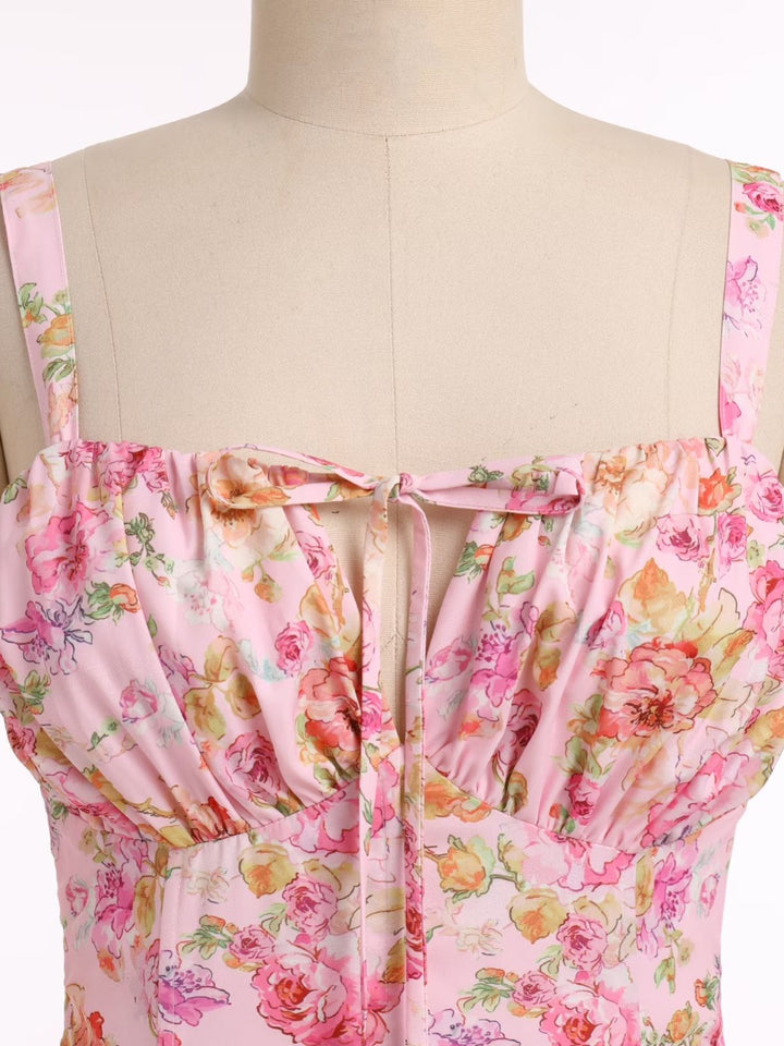 1940s Floral Spaghetti Strap Tie-Front Chiffon A-Line Dress - vintage dress, retro fashion, floral print for vintage lovers