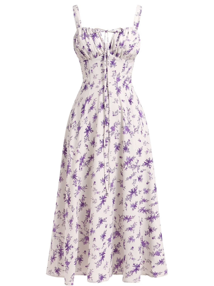 1940s Floral Spaghetti Strap Tie-Front Chiffon A-Line Dress - vintage dress, retro fashion, floral print for vintage lovers