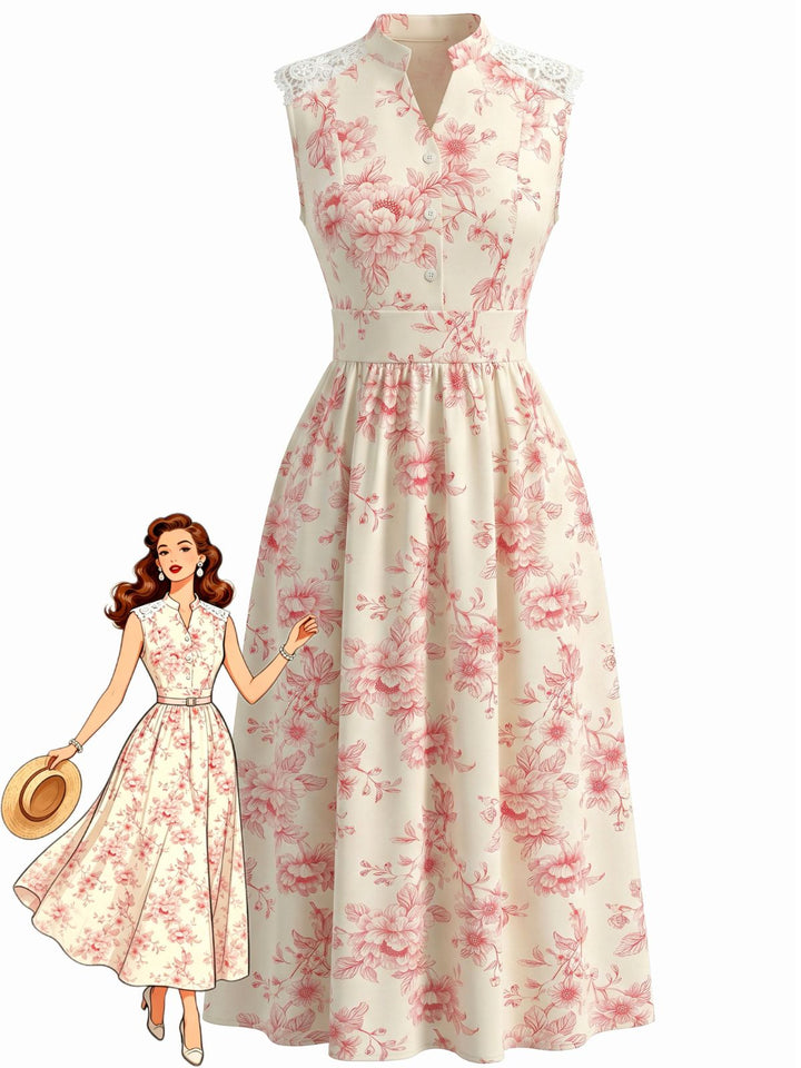 1940s Floral Stand Collar Lace Midi Dress - vintage dress, retro fashion, floral print, lace detail for vintage lovers