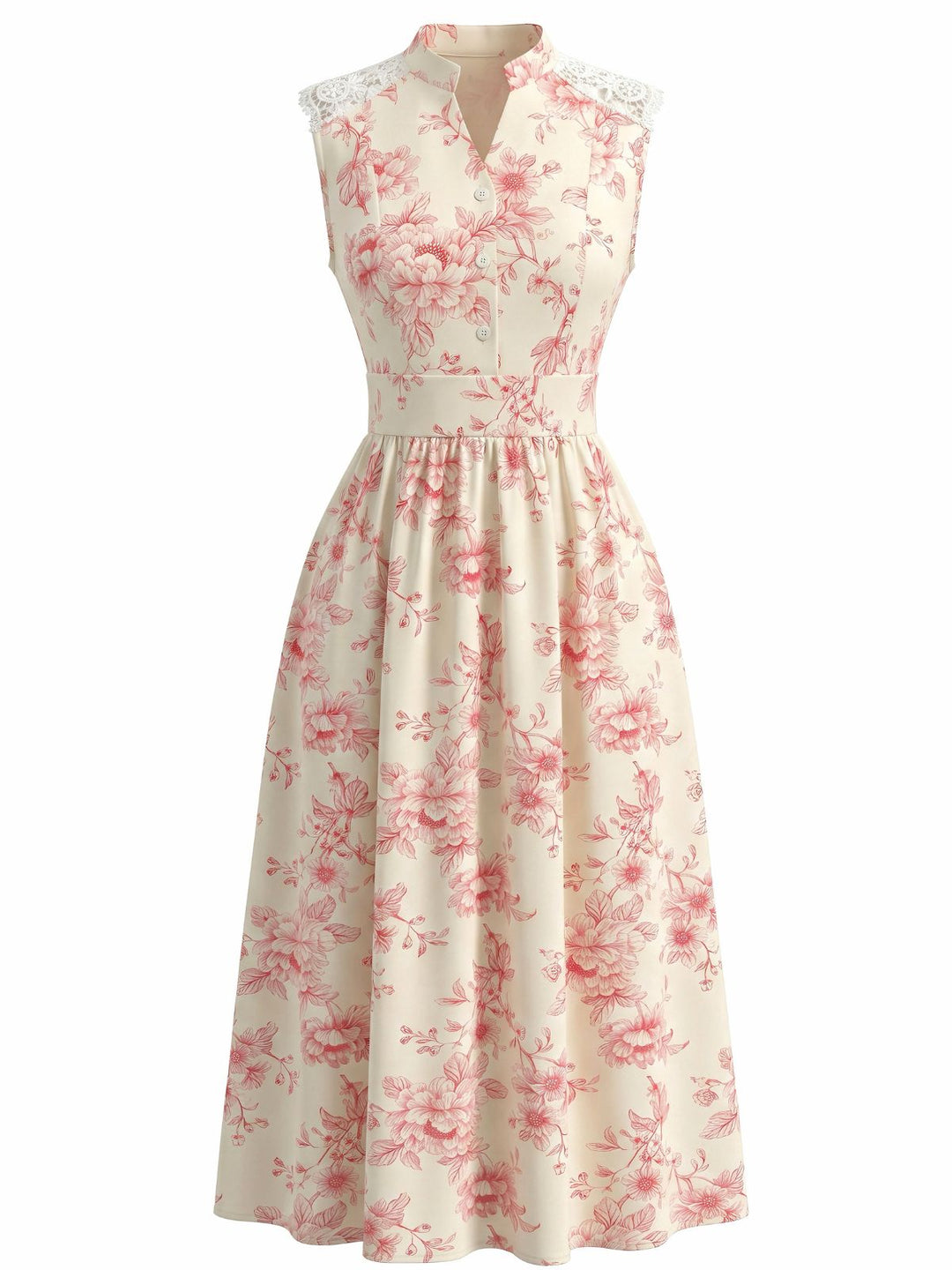 1940s Floral Stand Collar Lace Midi Dress - vintage dress, retro fashion, floral print, lace detail for vintage lovers