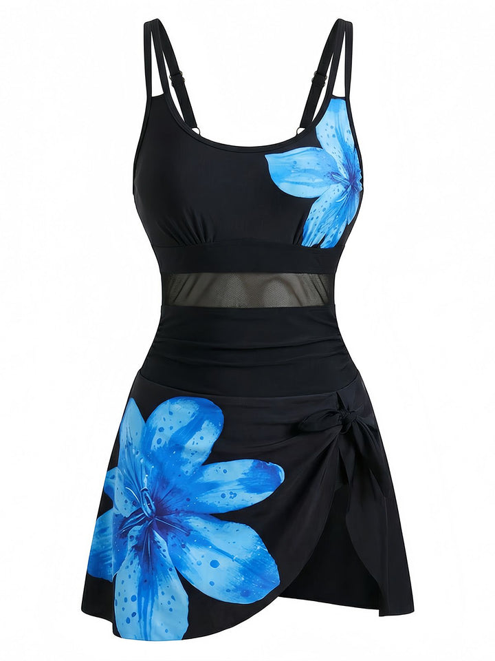 1940s Floral Strappy Scoop-Neck Tie Mesh Swim Dress - vintage dress, retro fashion