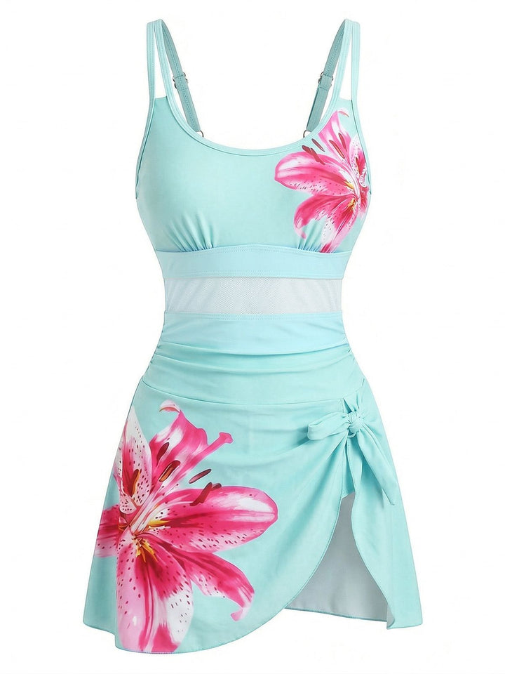 1940s Floral Strappy Scoop-Neck Tie Mesh Swim Dress, vintage dress, retro fashion, floral print - perfect for women who love vintage and retro fashion