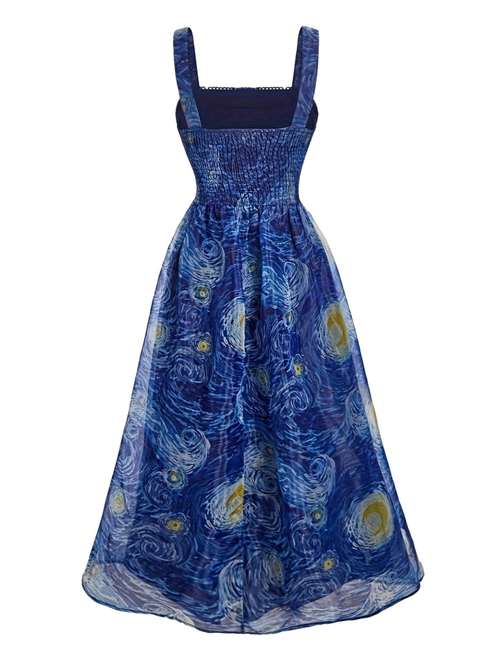 Blue 1940s Square Neck Starry Night Bow Swing Dress, vintage dress, retro fashion, rockabilly, pin-up fashion, women, elegant