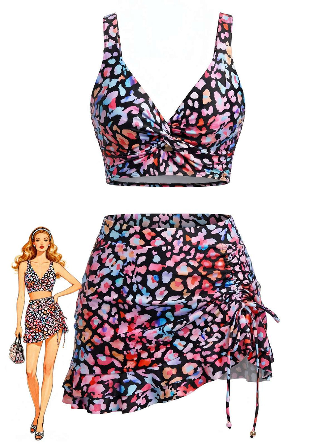 Floral-Twist-Front-Bikini-Set-Ruffled-Cover-Up, vintage, retro, swimwear