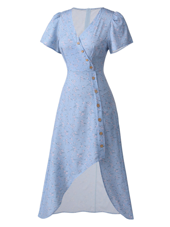 1940s Floral V-Neck Added Button Dress — vintage elegance for the modern woman