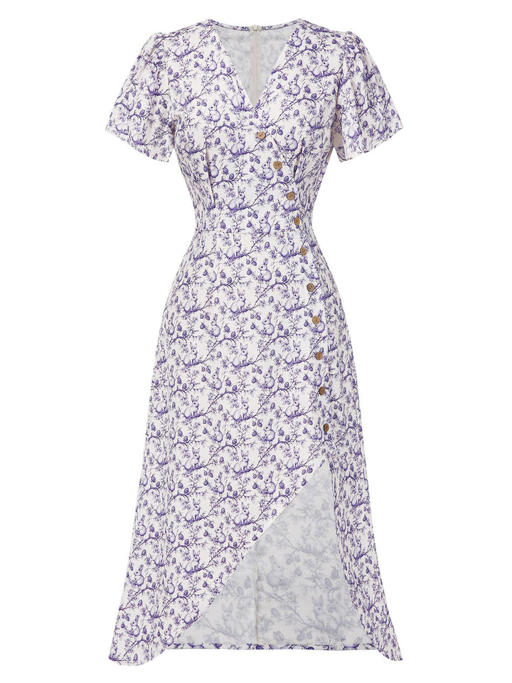 Red 1940s Floral V-Neck Added Button Dress, vintage dress, retro fashion, floral print - perfect for women who love vintage and retro fashion