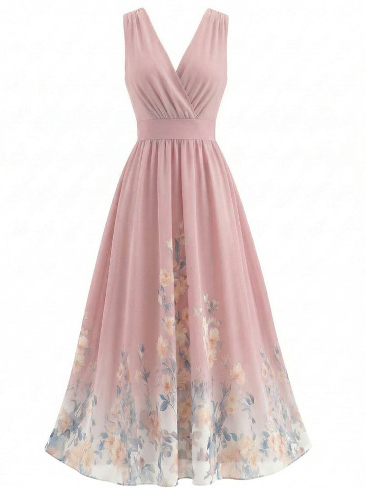 1940s Floral V-Neck Sleeveless Midi Dress - vintage dress, retro fashion, floral print for vintage lovers
