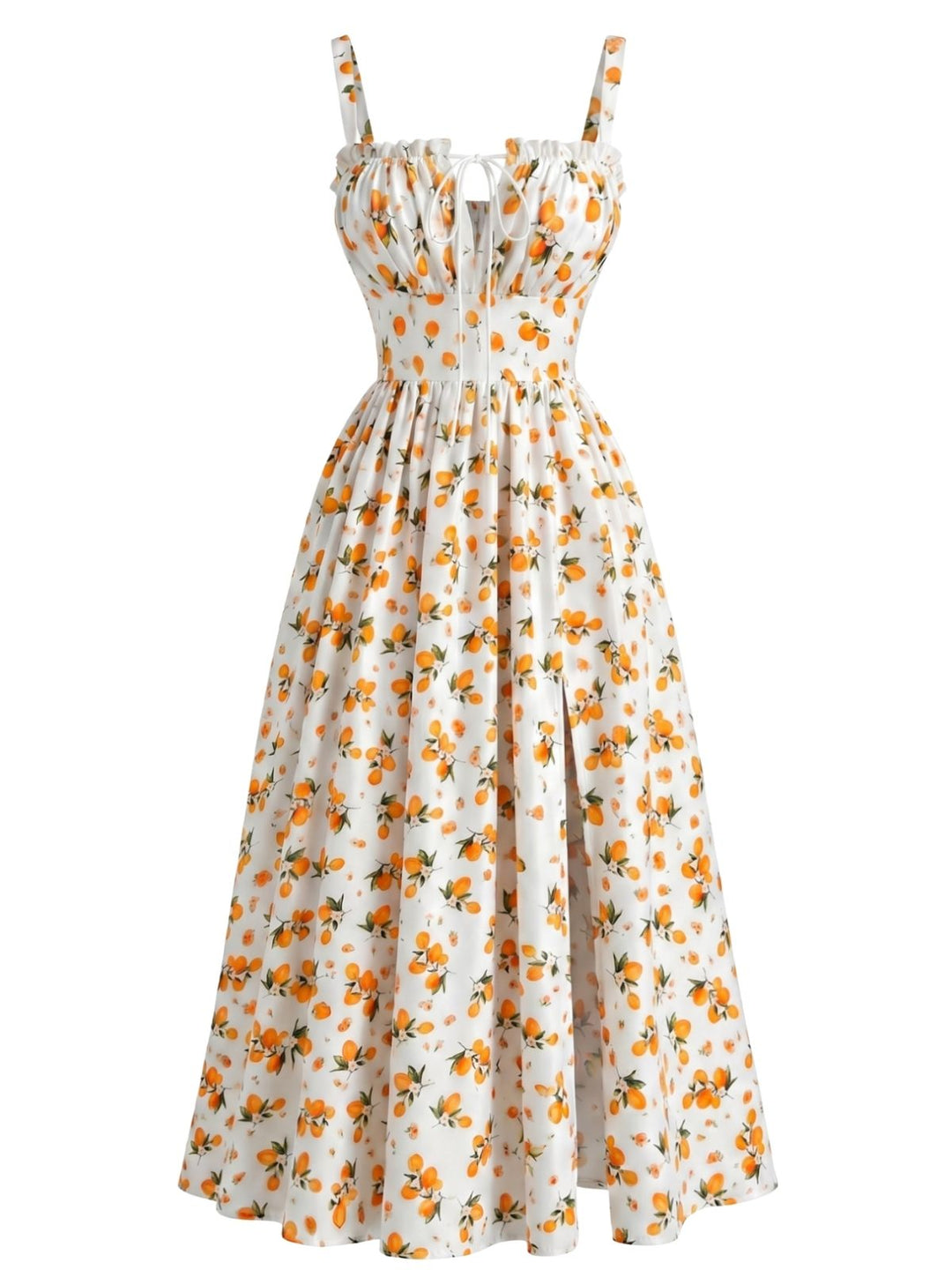 1940s Fruit Floral Tie Front Ruched A-Line Slit Midi Dress, vintage dress, retro fashion, floral print - perfect for women who love vintage and retro fashion