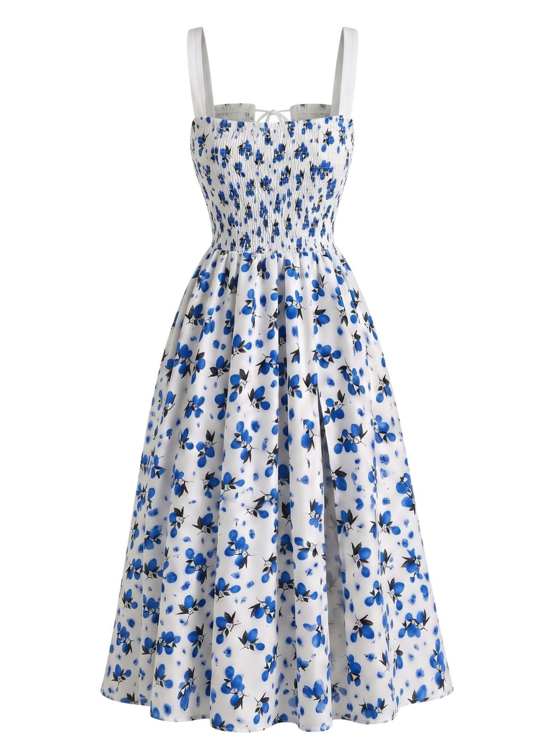 1940s Fruit Floral Tie Front Ruched A-Line Slit Midi Dress, vintage dress, retro fashion, floral print - perfect for women who love vintage and retro fashion
