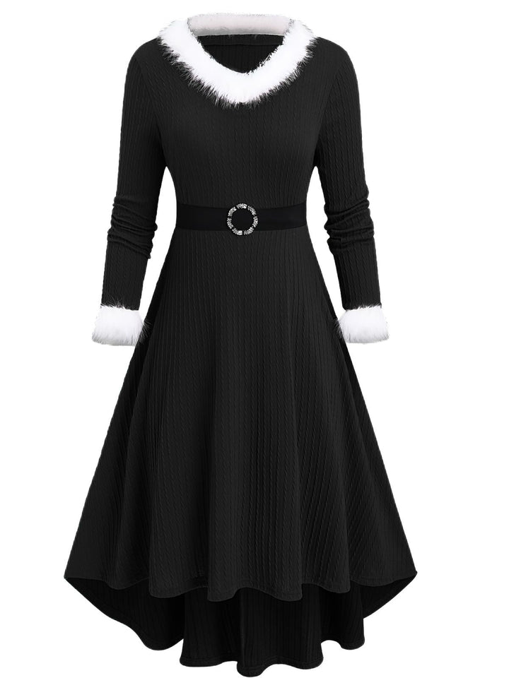 1940s Fur Collar V-Neck Belted Dress - vintage dress, retro fashion