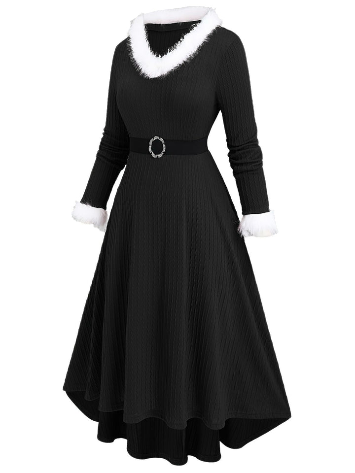 1940s Fur Collar V-Neck Belted Dress - vintage dress, retro fashion