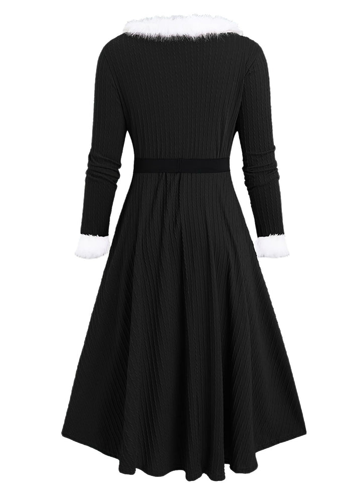1940s Fur Collar V-Neck Belted Dress - vintage dress, retro fashion