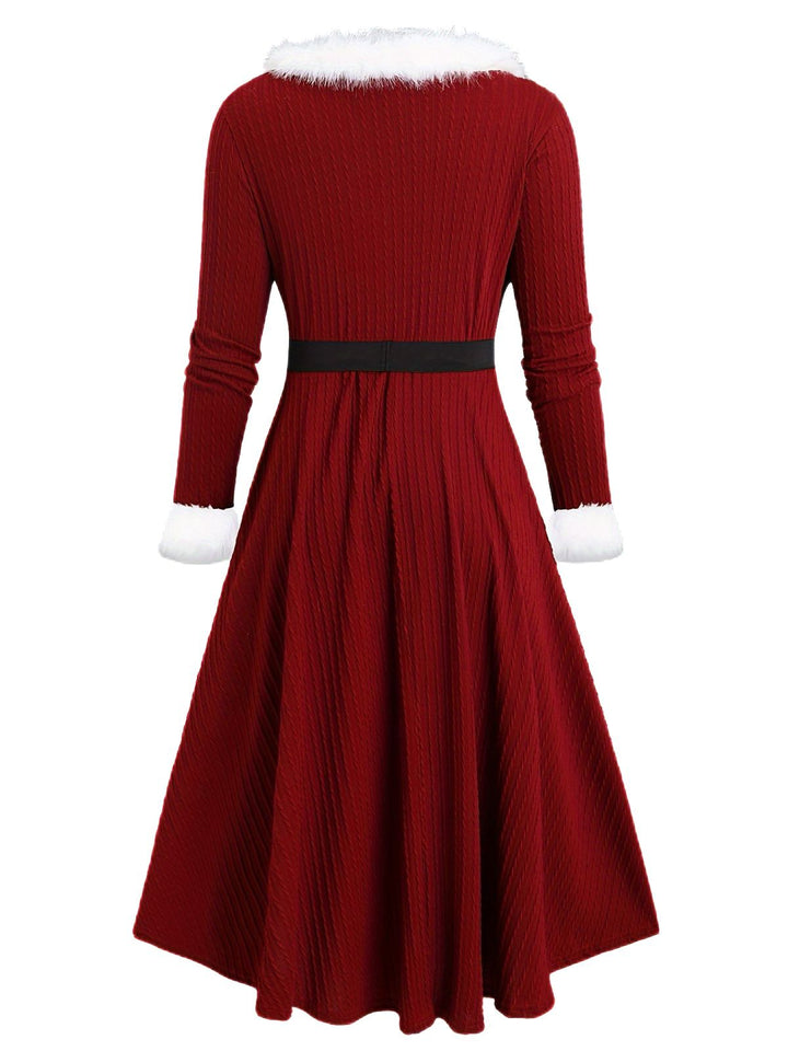 1940s Fur Collar V-Neck Belted Dress - vintage dress, retro fashion