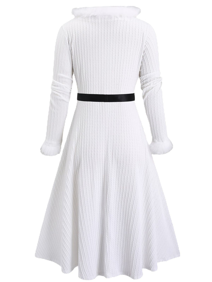 1940s Fur Collar V-Neck Belted Dress - vintage dress, retro fashion