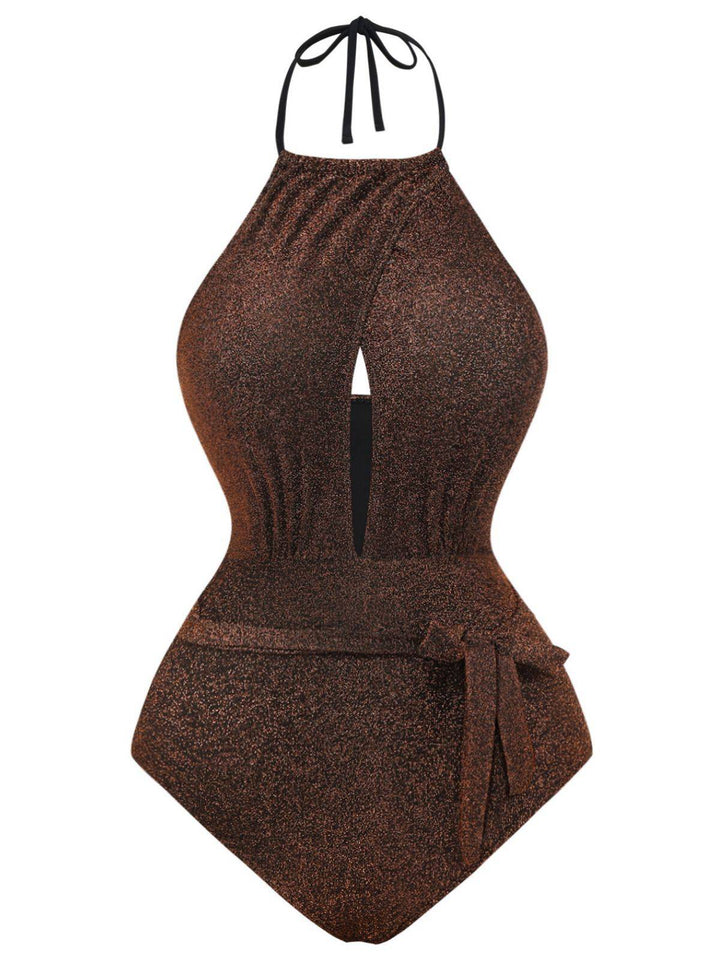1940s Glitter Halter Cutout Bow One-Piece Swimsuit - vintage swimsuit, pin-up style