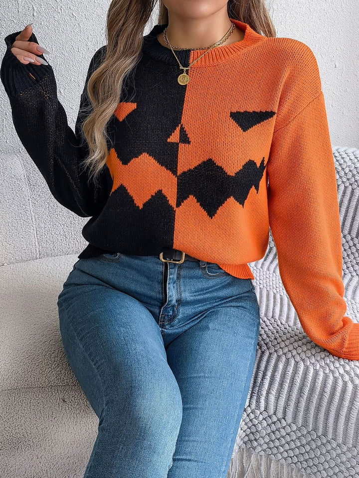 1940s Halloween Pumpkin Face ColorBlock Knit Sweater - vintage fashion, retro style