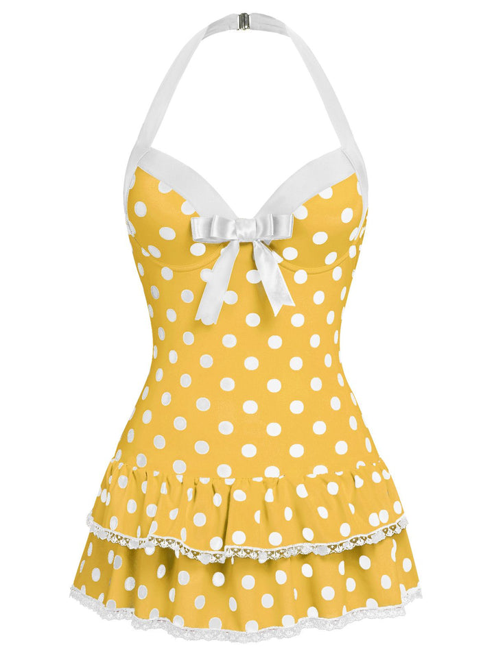Halter Dot Bow One-Piece Swimsuit | vintage swimwear, retro swimsuit, style - perfect for retro fashion enthusiasts