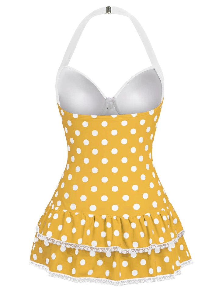 Halter Dot Bow One-Piece Swimsuit - vintage swimwear, retro swimsuit, style for vintage lovers