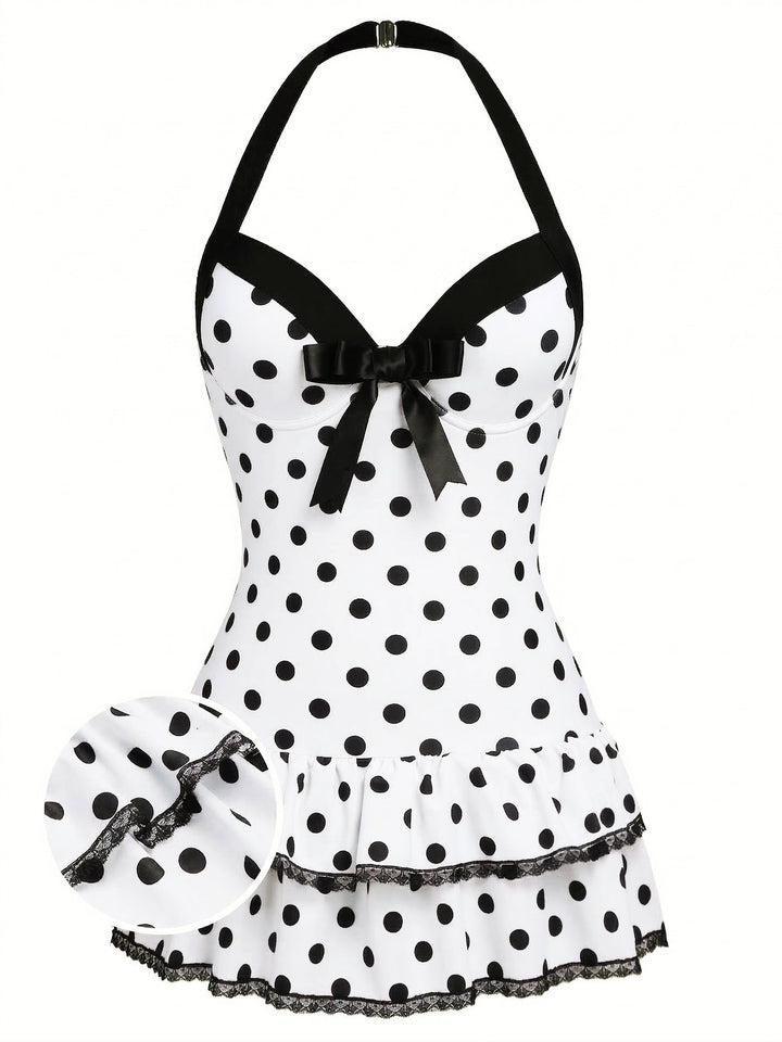 Halter Dot Bow One-Piece Swimsuit - vintage swimwear, retro swimsuit, style for vintage lovers