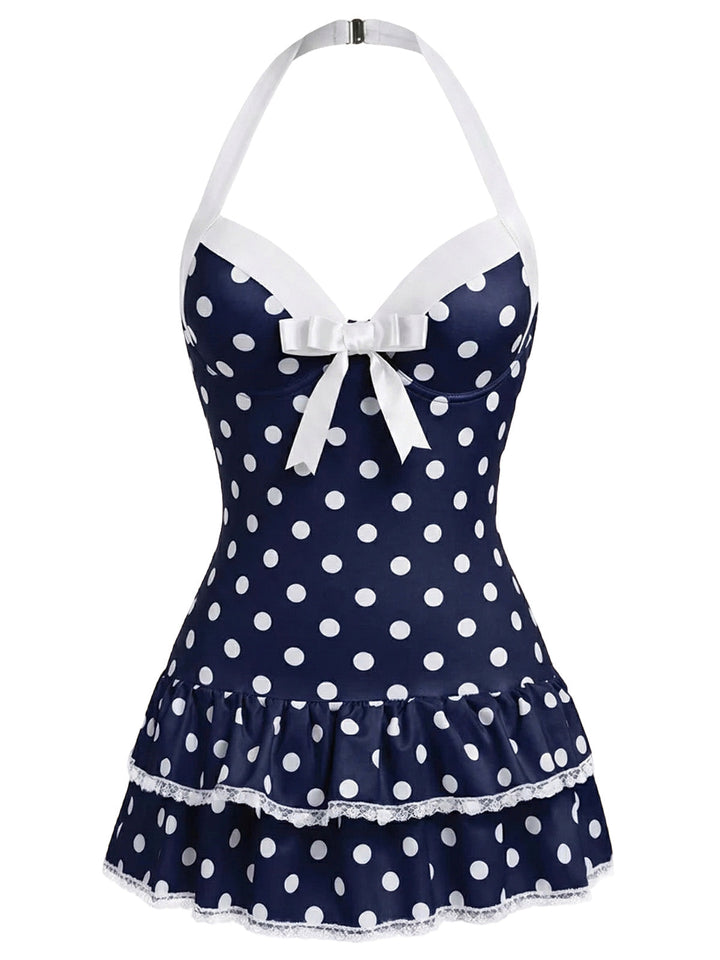 Halter Dot Bow One-Piece Swimsuit - vintage swimwear, retro swimsuit, style for vintage lovers