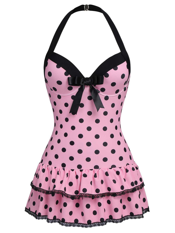 Halter Dot Bow One-Piece Swimsuit - vintage swimwear, retro swimsuit, style for vintage lovers