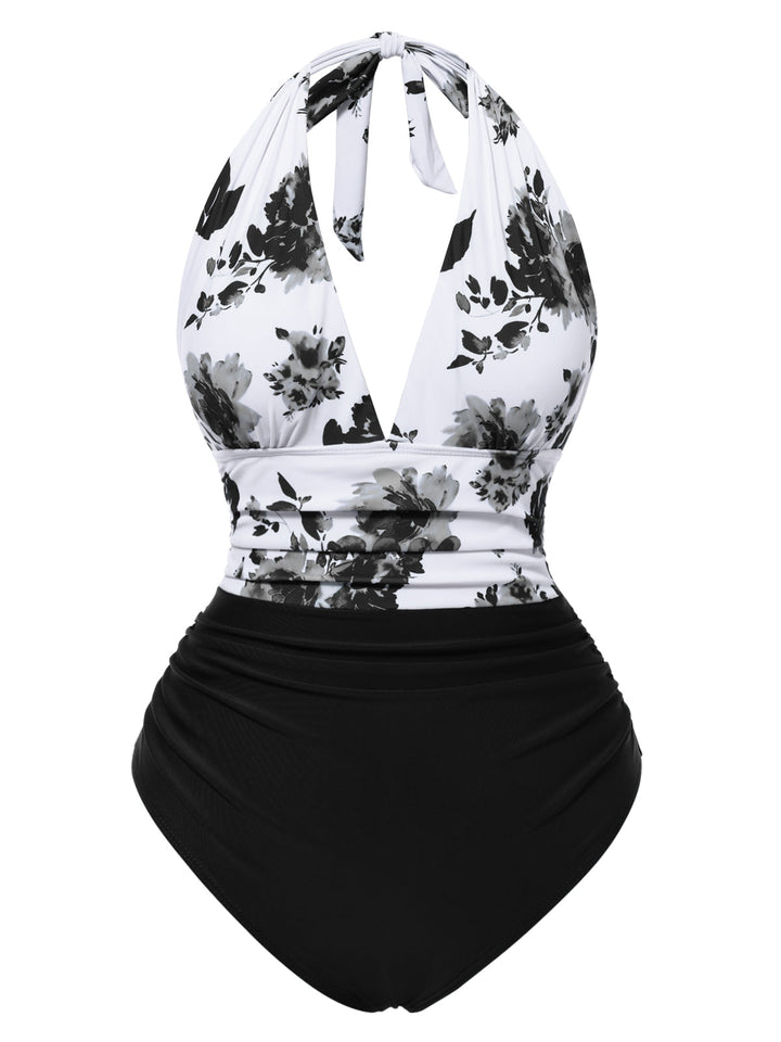 1940s Halter Floral Ruched One-piece Swimsuit, vintage swimsuit, pin-up swimwear - perfect for women who love vintage and retro fashion