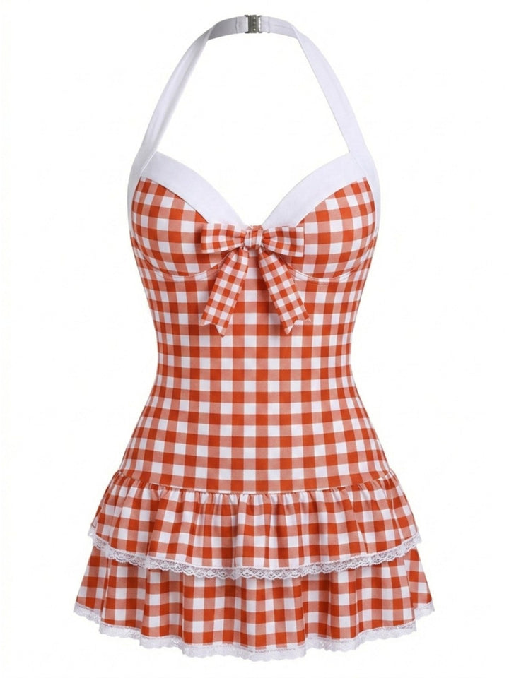 Halter Gingham Bow One-Piece Swimsuit - vintage swimwear, retro beach style for women