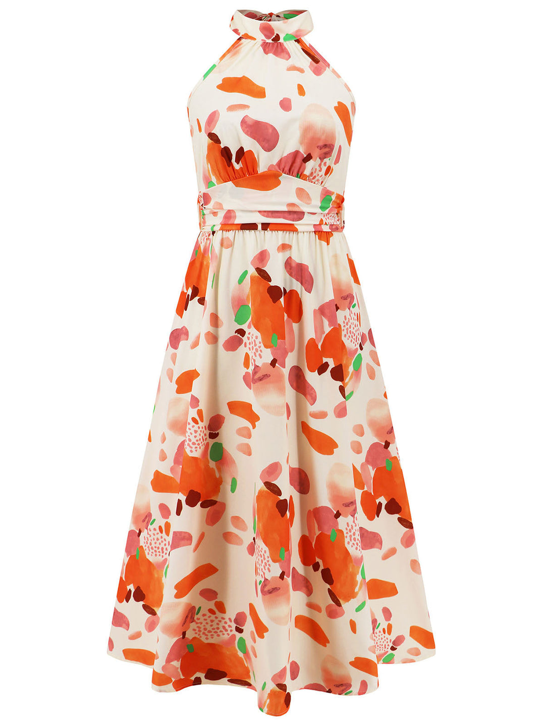She slips into this 1940s Halter Lace-Up Printed Sleeveless Dress and suddenly it&
