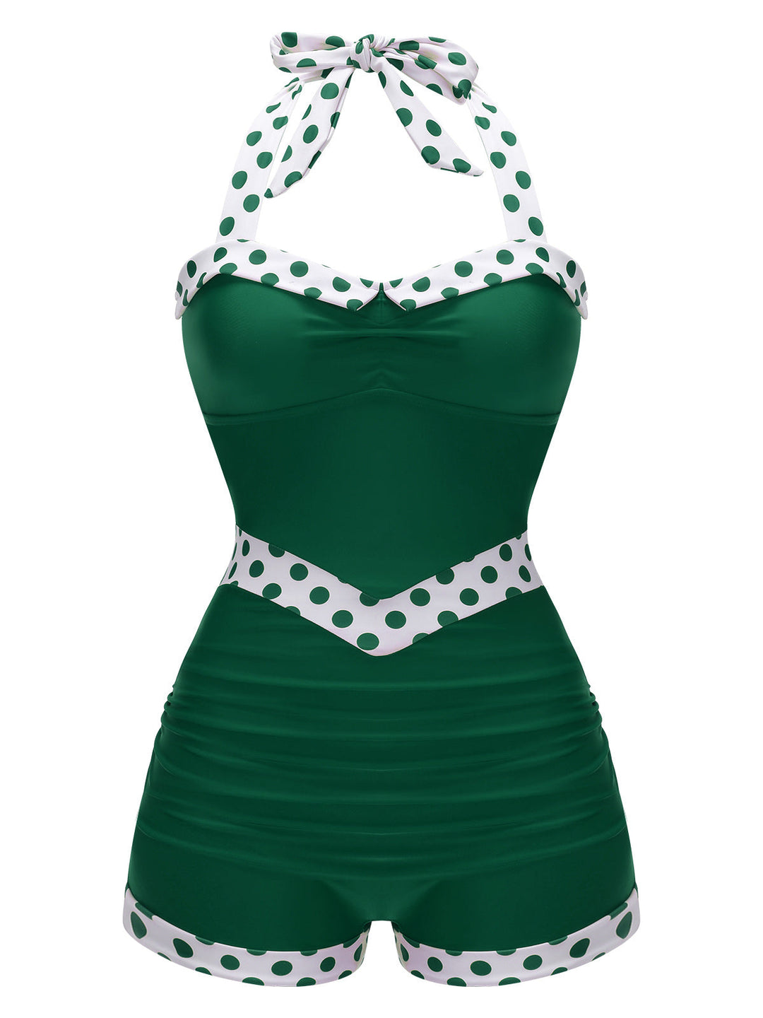 This 1940s Halter Patchwork One-piece Swimsuit carries 1940s vacation dreams in every stitch