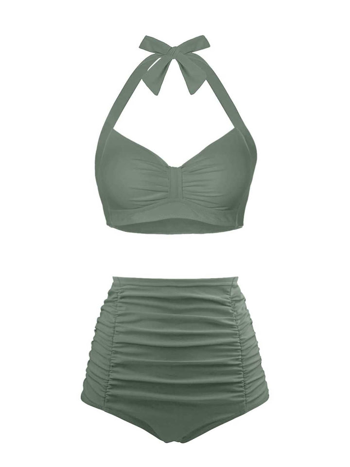 1940s Halter Pleated Solid Swimsuit — 1940s poolside glamour meets sun-drenched confidence