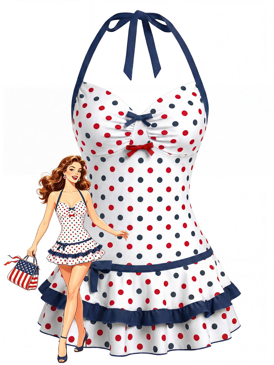 [Pre-Sale] Blue &amp; Red Polka Dot Bow One Piece One Piece Swimsuit