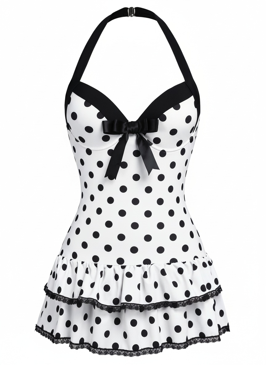 Halter Polka Dots Bow One-Piece Swimsuit, classic vintage style summer beach collection