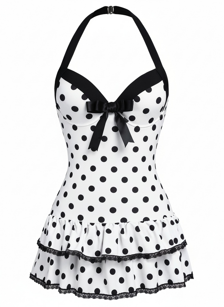 Halter Polka Dots Bow One-Piece Swimsuit, classic vintage style summer beach collection