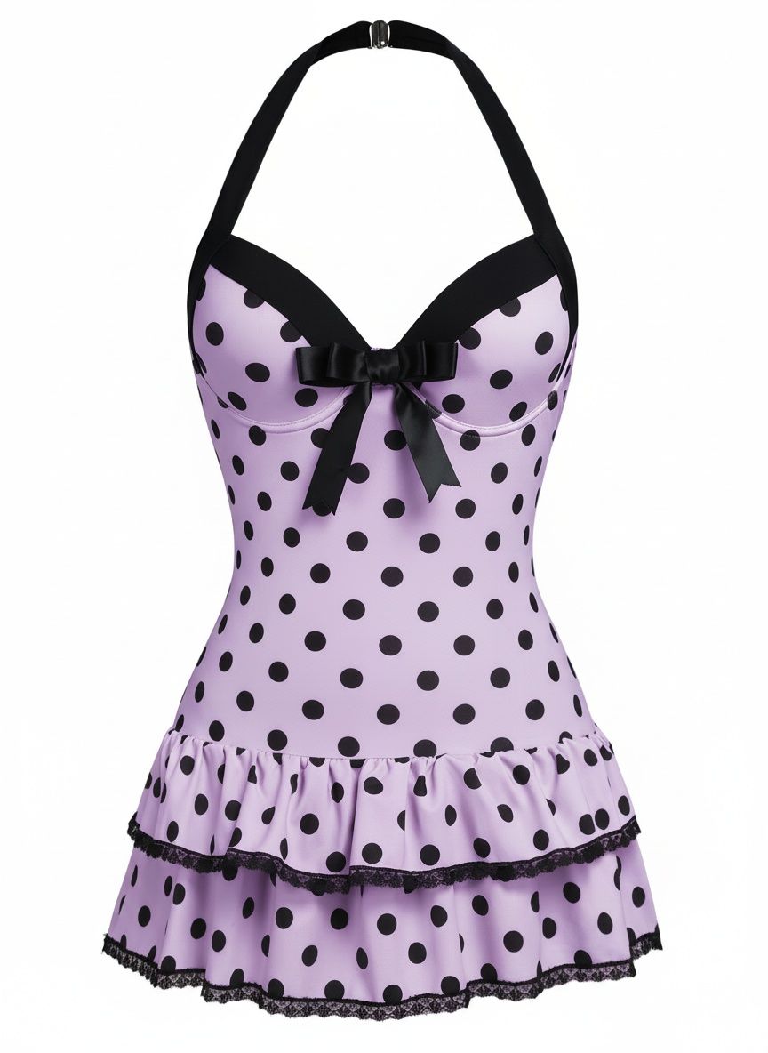Halter Polka Dots Bow One-Piece Swimsuit, classic vintage style summer beach collection