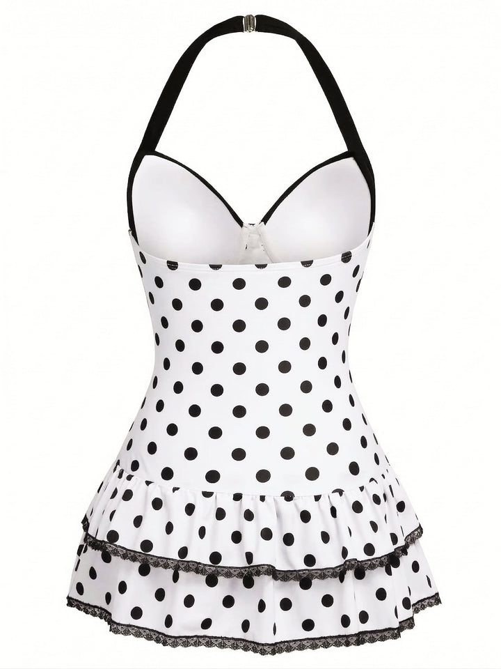 Halter Polka Dots Bow One-Piece Swimsuit: beautiful vintage swimwear, retro swimsuit, style with timeless appeal