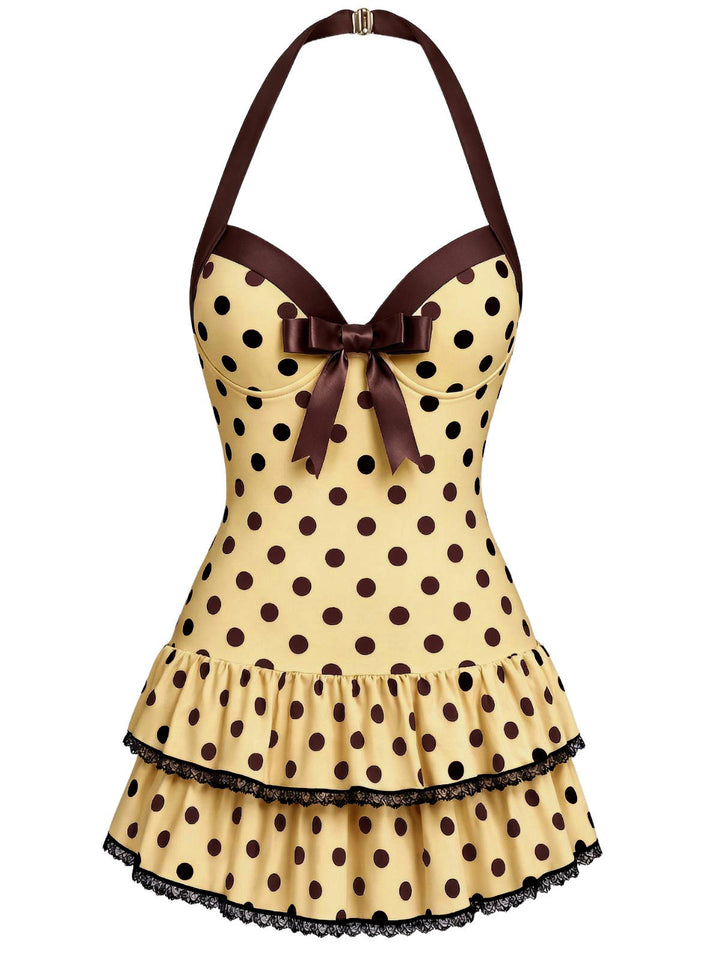 [Pre-Sale] Cream Halter Polka Dots Bow One-Piece Swimsuit, vintage swimsuit, swimwear - perfect for women who love vintage and retro fashion
