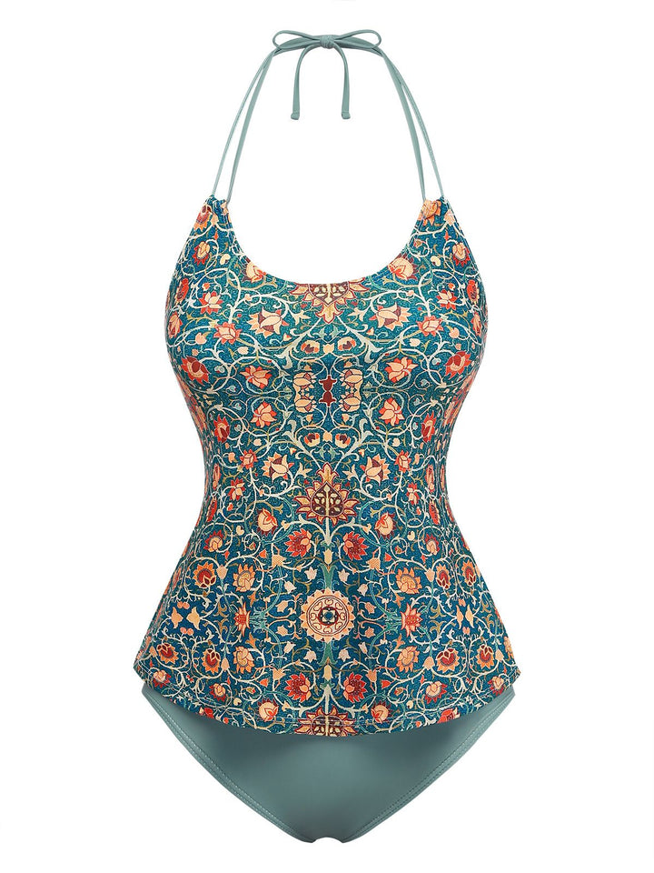 1940s Halter Retro Floral Prints Tankini Set - vintage fashion, retro style
