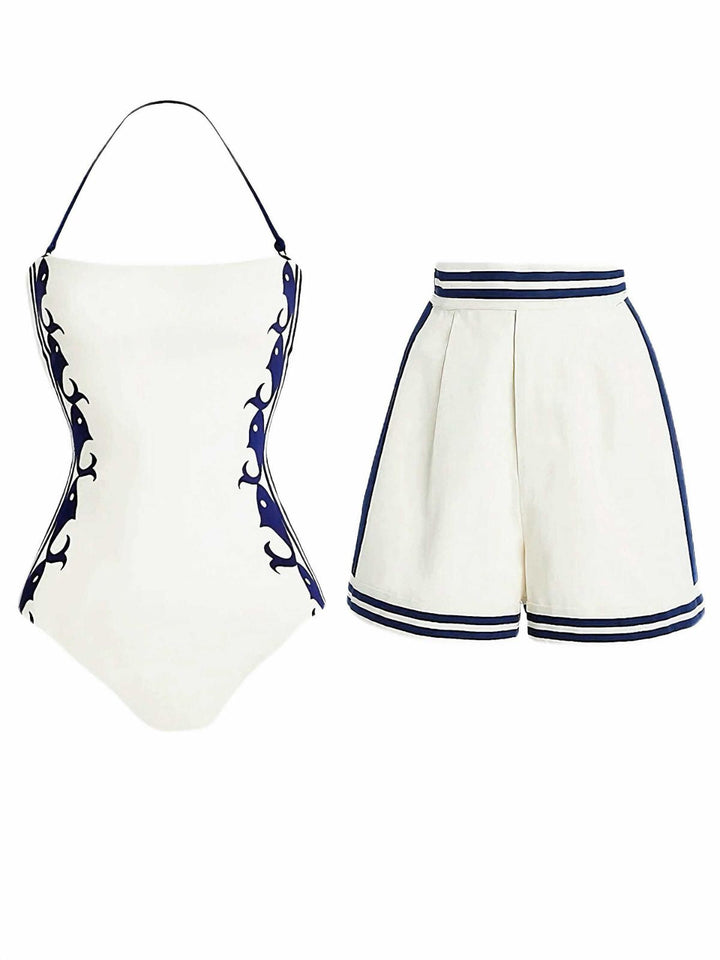 1940s Halter Swimsuit &amp; Sailor-Stripe Shorts Set - vintage swimsuit, pin-up style