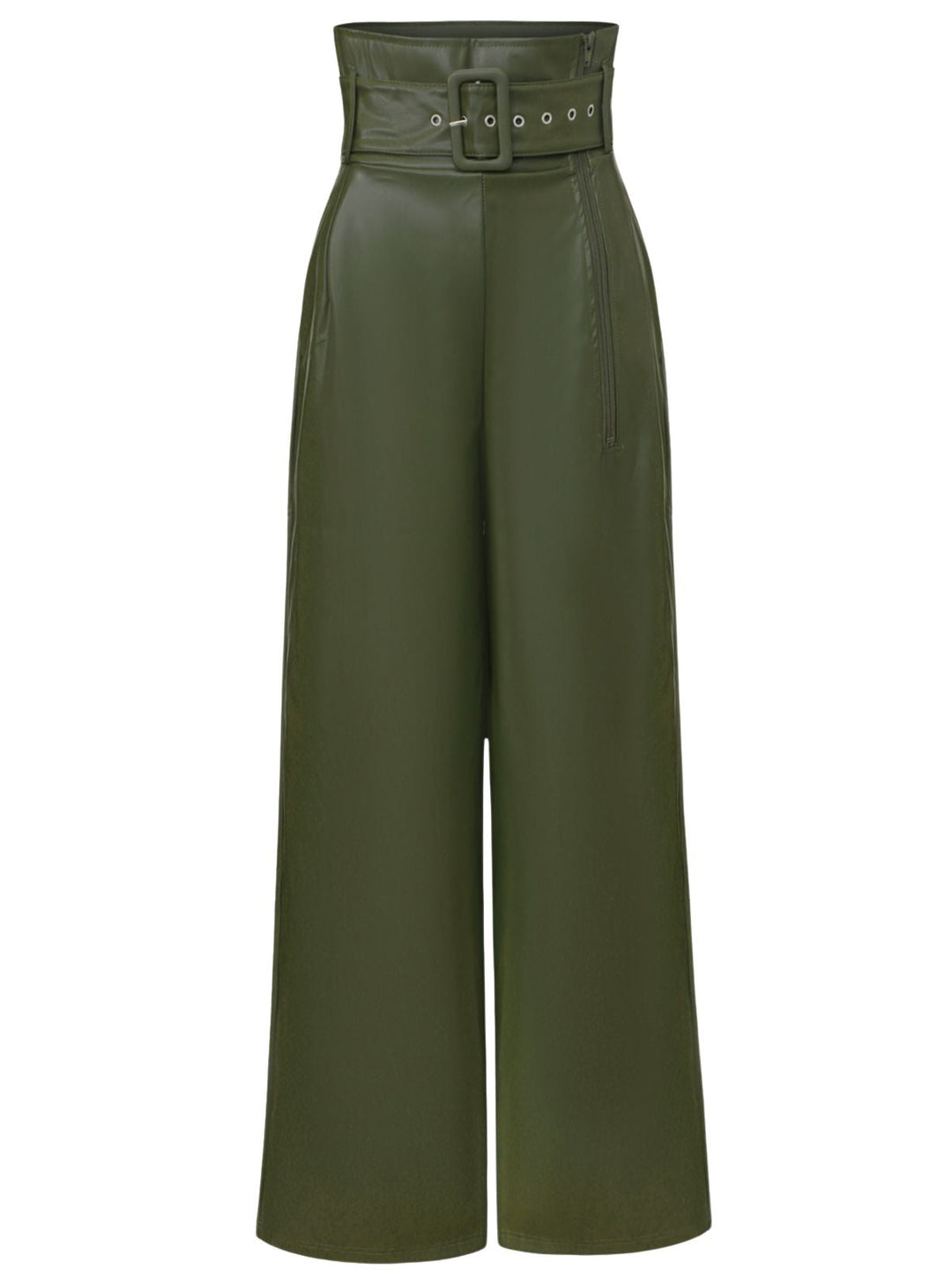 1940s High-Waist Metal Belt PU Leather Wide-Leg Pants - vintage fashion, retro style