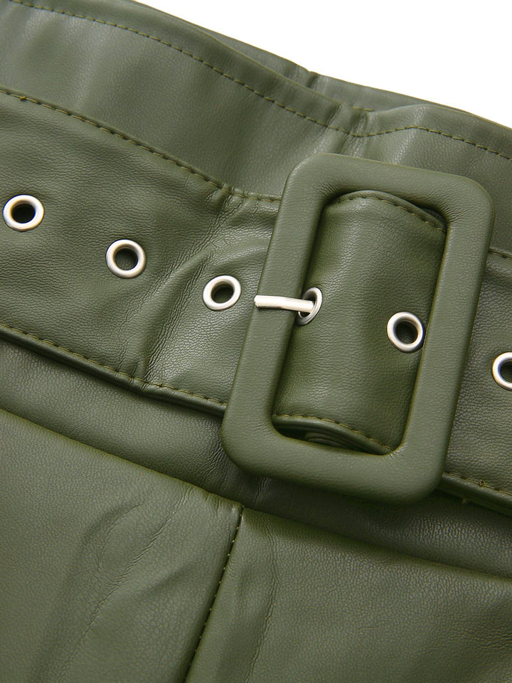 1940s High-Waist Metal Belt PU Leather Wide-Leg Pants - vintage fashion, retro style