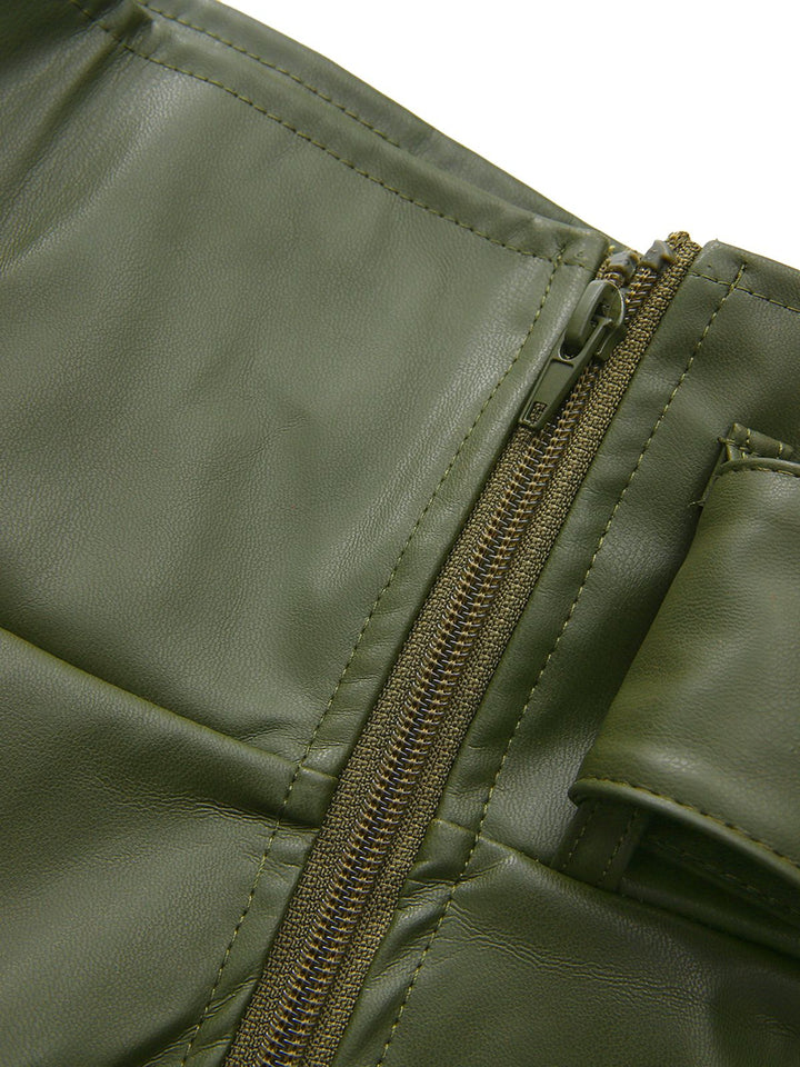 1940s High-Waist Metal Belt PU Leather Wide-Leg Pants - vintage fashion, retro style