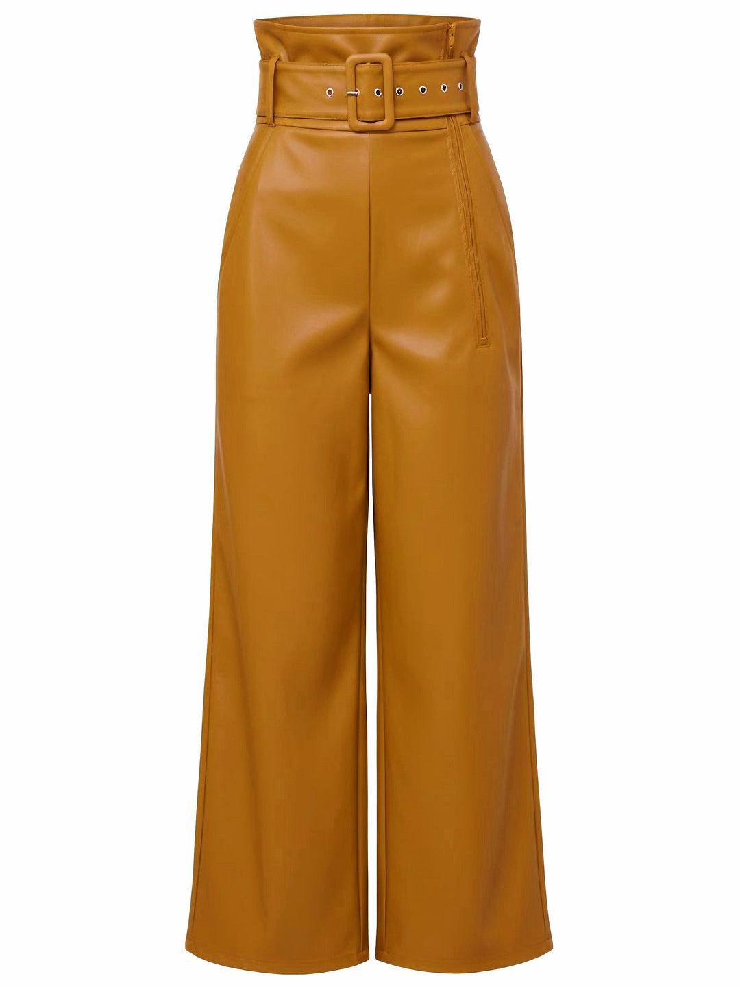 1940s High-Waist Metal Belt PU Leather Wide-Leg Pants - vintage fashion, retro style