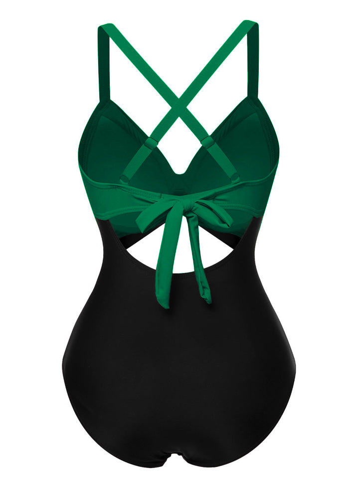 This &amp; 1940s Hollow Waist Patchwork Swimsuit carries 1940s vacation dreams in every stitch