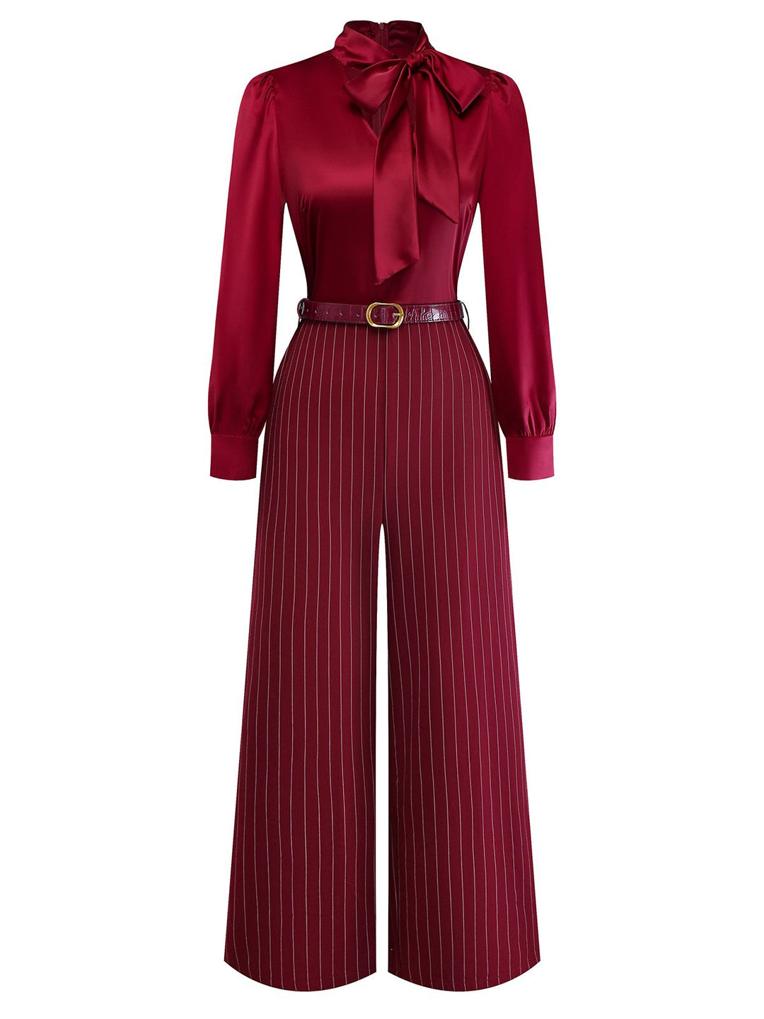 Burgundy 1940s Satin Bow Tie Striped Wide-Leg Jumpsuit - vintage jumpsuit, retro fashion