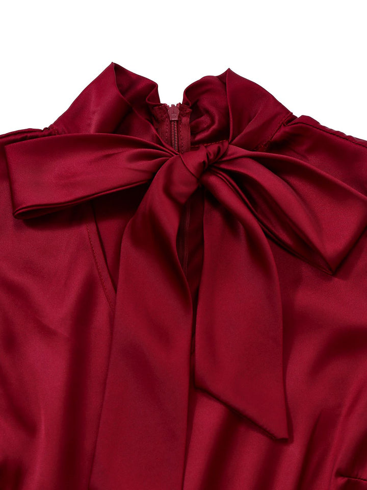 Burgundy 1940s Satin Bow Tie Striped Wide-Leg Jumpsuit - vintage jumpsuit, retro fashion