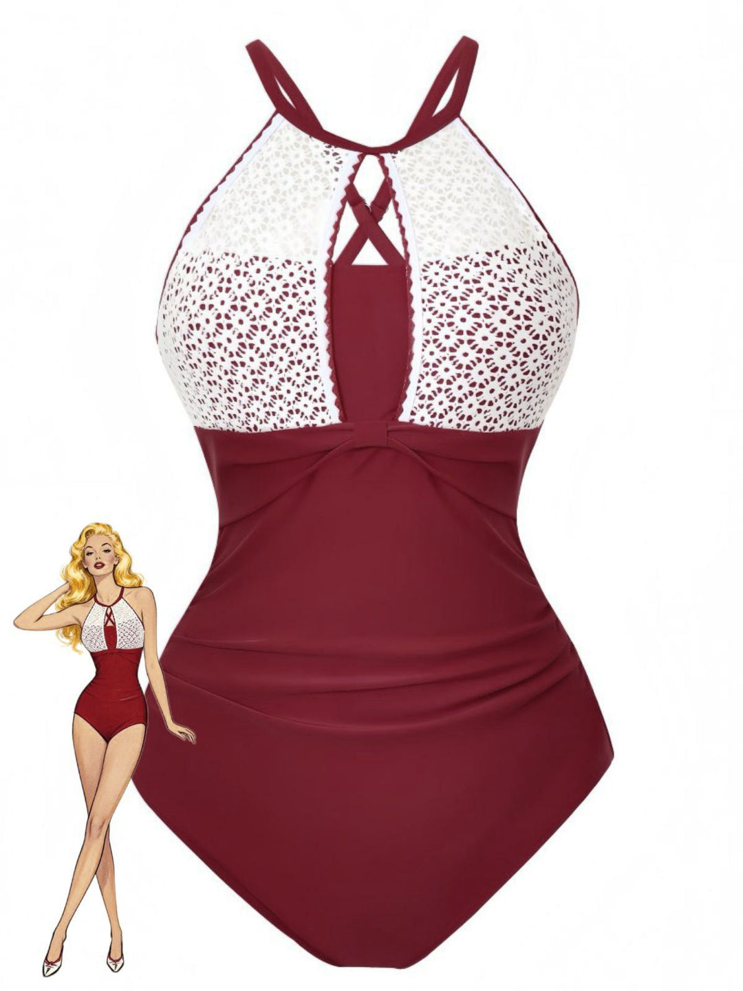 1940s Lace Patchwork Halter One-Piece Swimsuit, vintage swimsuit, pin-up swimwear - perfect for women who love vintage and retro fashion