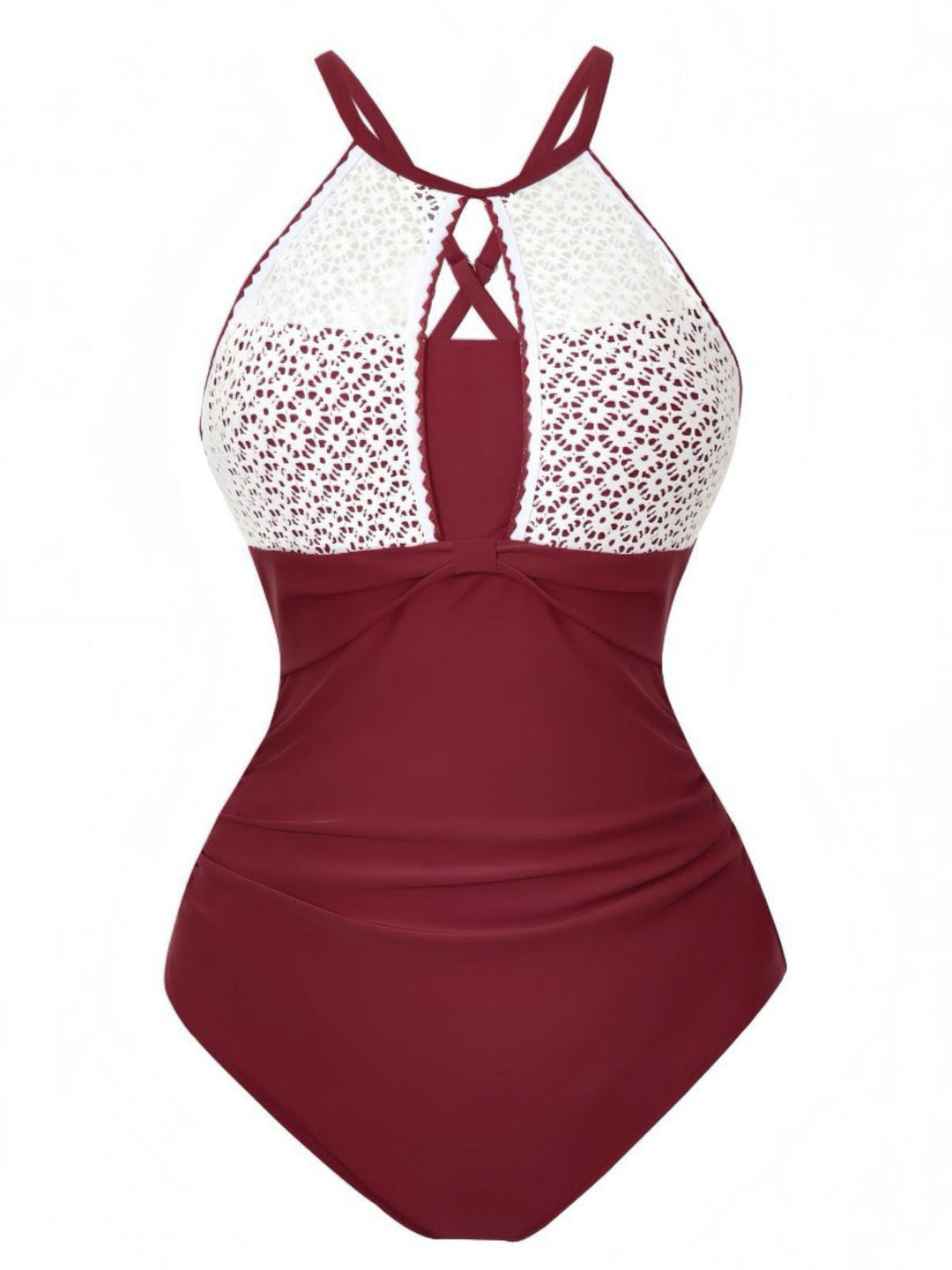 1940s Lace Patchwork Halter One-Piece Swimsuit, vintage swimsuit, pin-up swimwear - perfect for women who love vintage and retro fashion