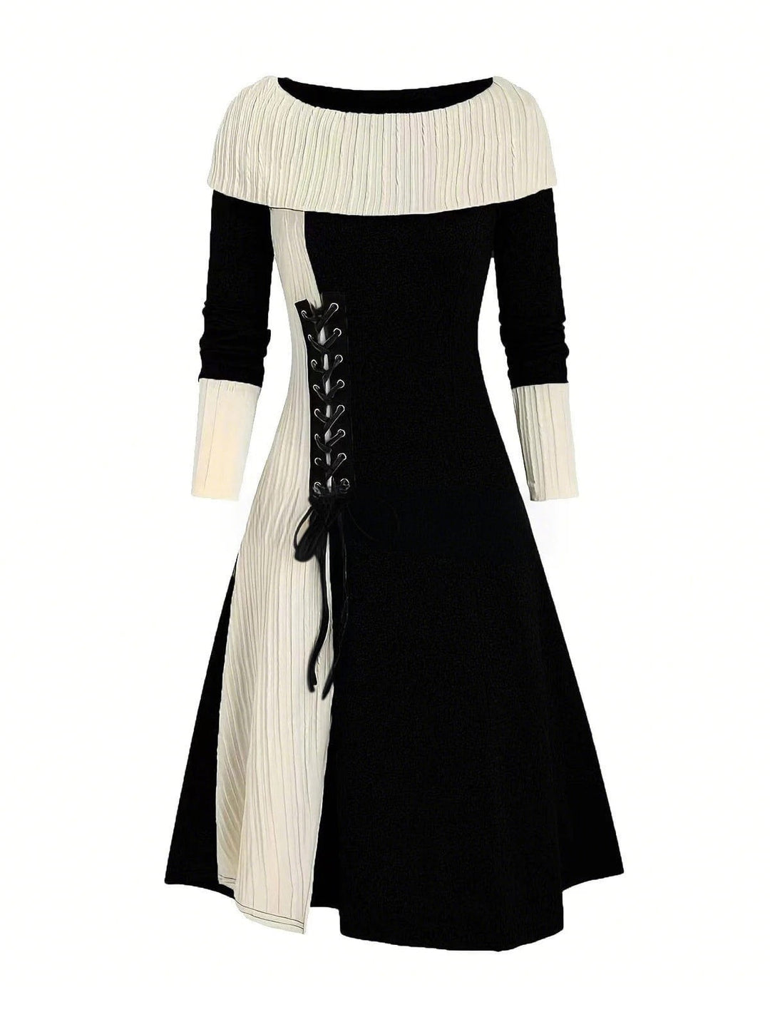 She slips into this 1940s Lace-Up Colorblock Off-Shoulder Dress and suddenly it&